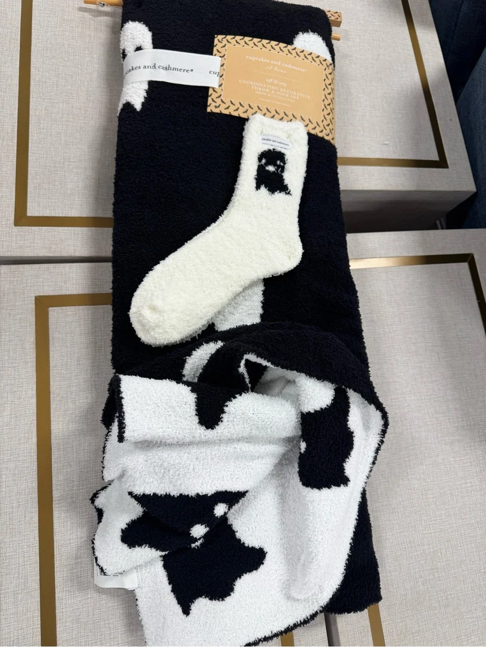 cupcake and cashmere Cozy Black & White Fuzzy Sock and blanket Set